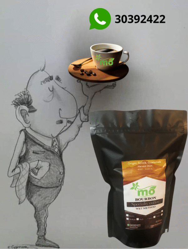 Dibujo de mesero sirviendo café Bourbon de Menúorgánica con número de contacto visible.