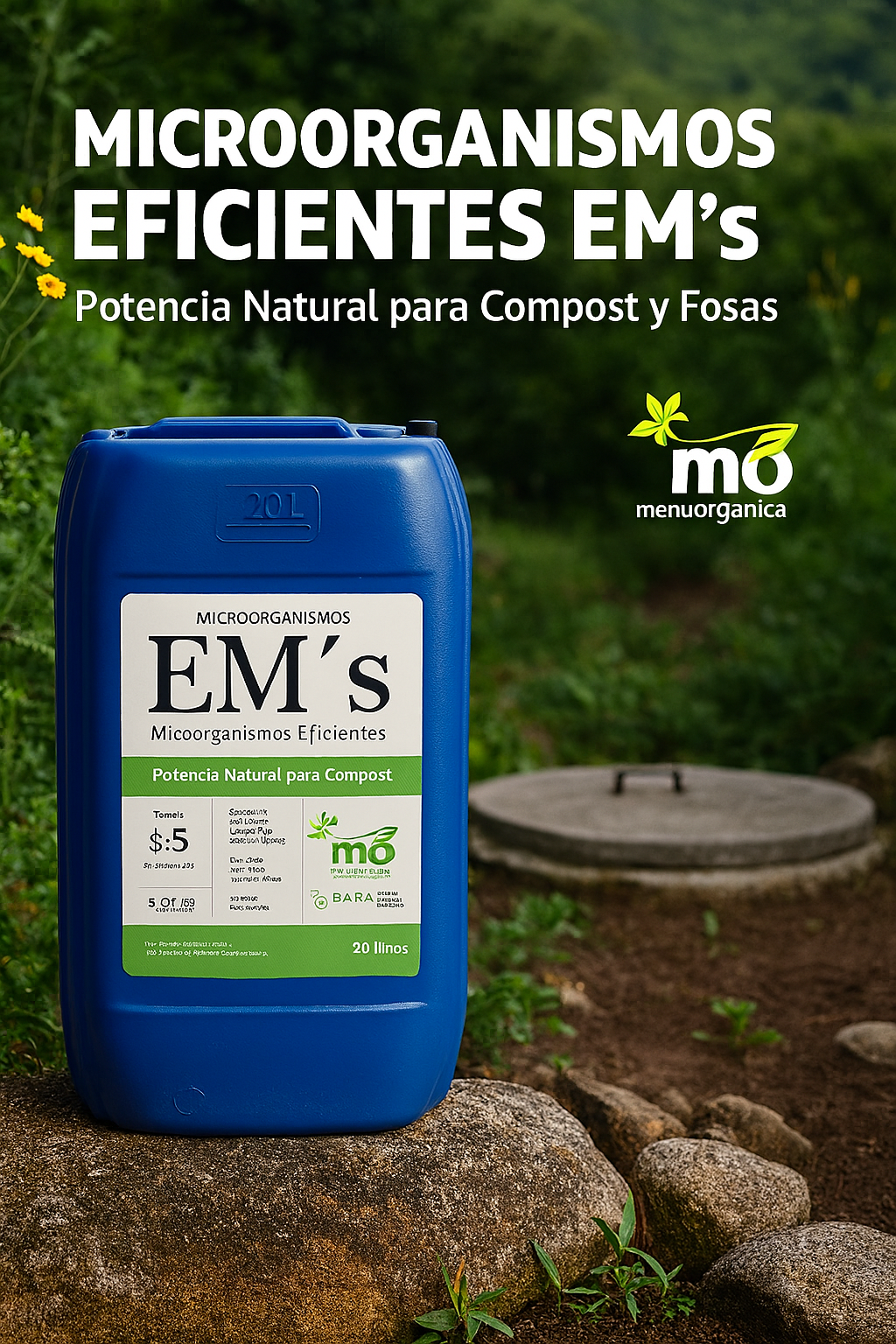 Bidón azul de EM’s Menú Orgánica, producto líquido para fosas sépticas y compost, con fondo natural.