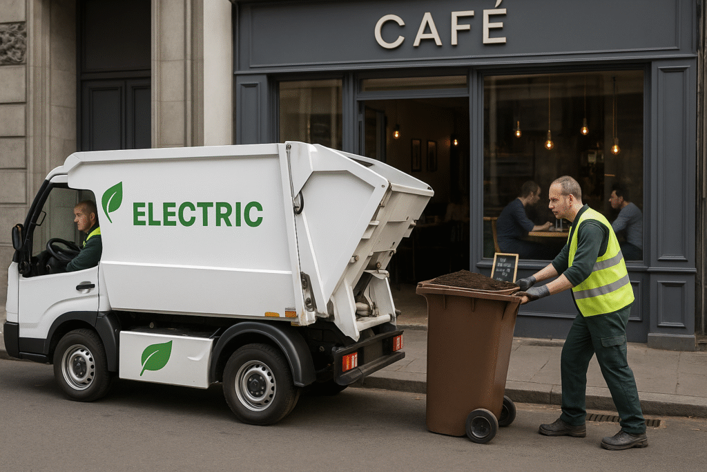 Camión eléctrico de recolección de residuos frente a una cafetería, mientras un trabajador vacía un contenedor marrón.