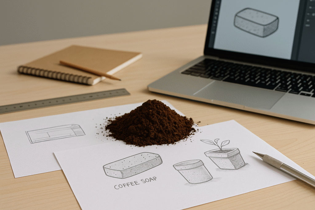 Montón de residuos de café sobre bocetos de productos sostenibles como jabón, macetas y envases reutilizables, junto a una computadora portátil.