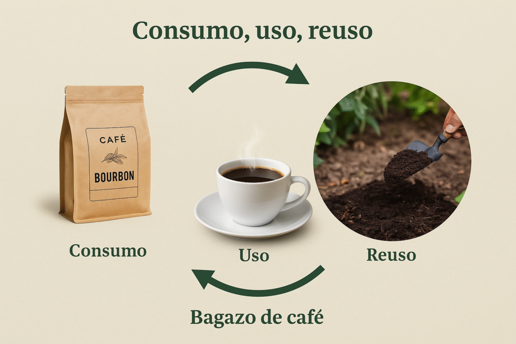 Ciclo de consumo, uso y reuso del café Bourbon, con énfasis en el aprovechamiento del bagazo como abono natural.
