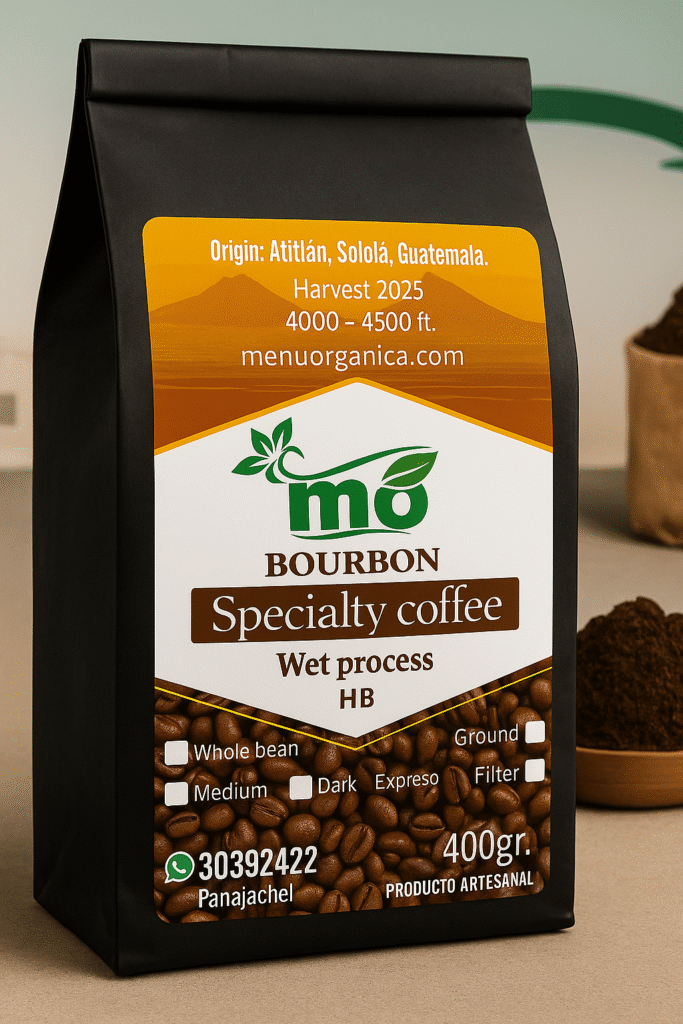 Inicio - Menùorgànica Bolsa de Café Bourbon de especialidad Menuorgánica, origen Atitlán, Sololá, Guatemala, cosecha 2025, 400 gramos.