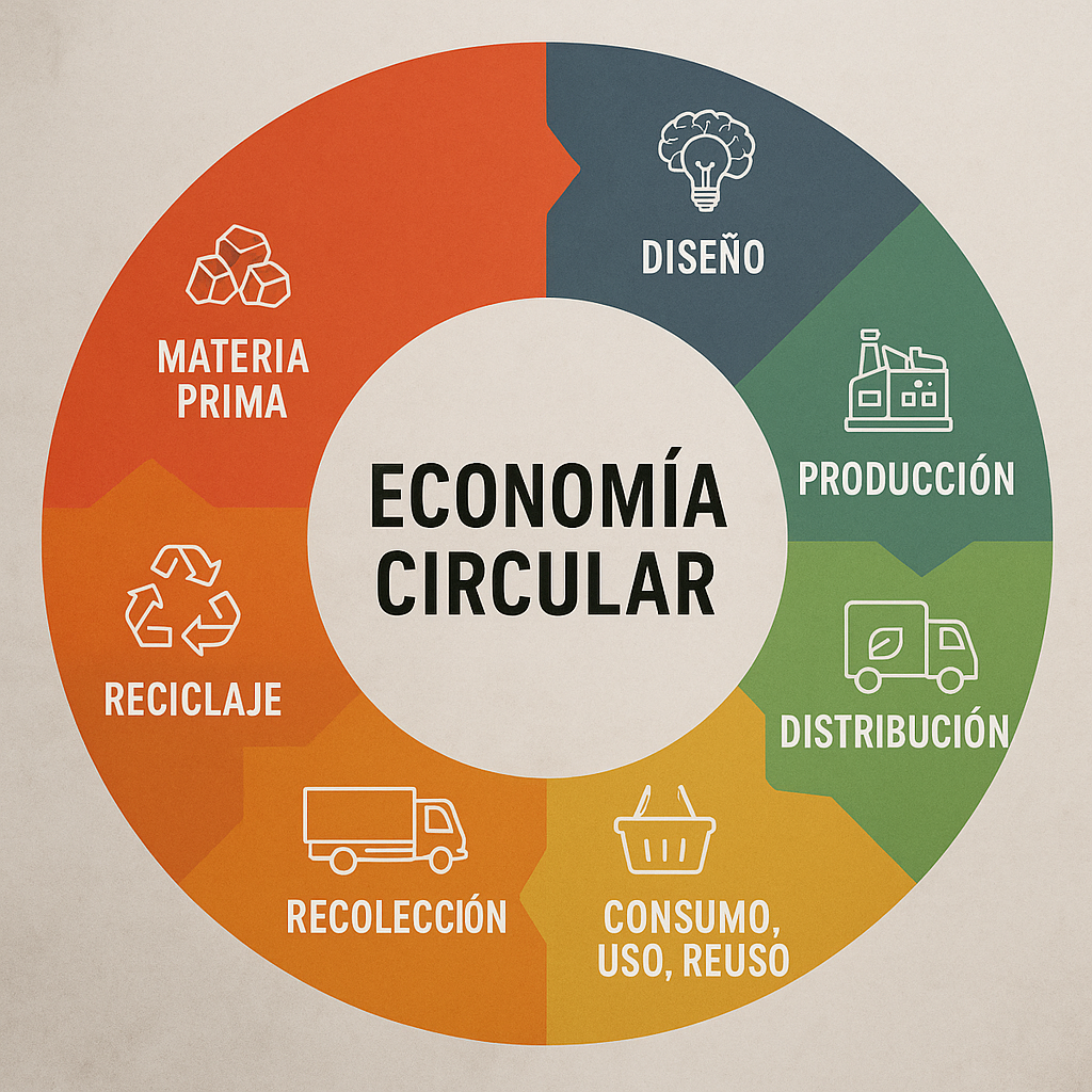 Infografía de economía circular con etapas: materia prima, diseño, producción, distribución, consumo, recolección y reciclaje.