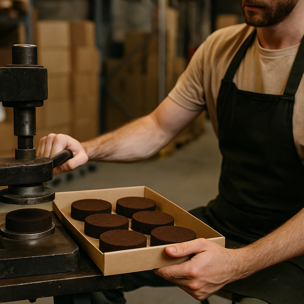 Trabajador prensando discos de residuos de café en una máquina hidráulica dentro de un almacén.