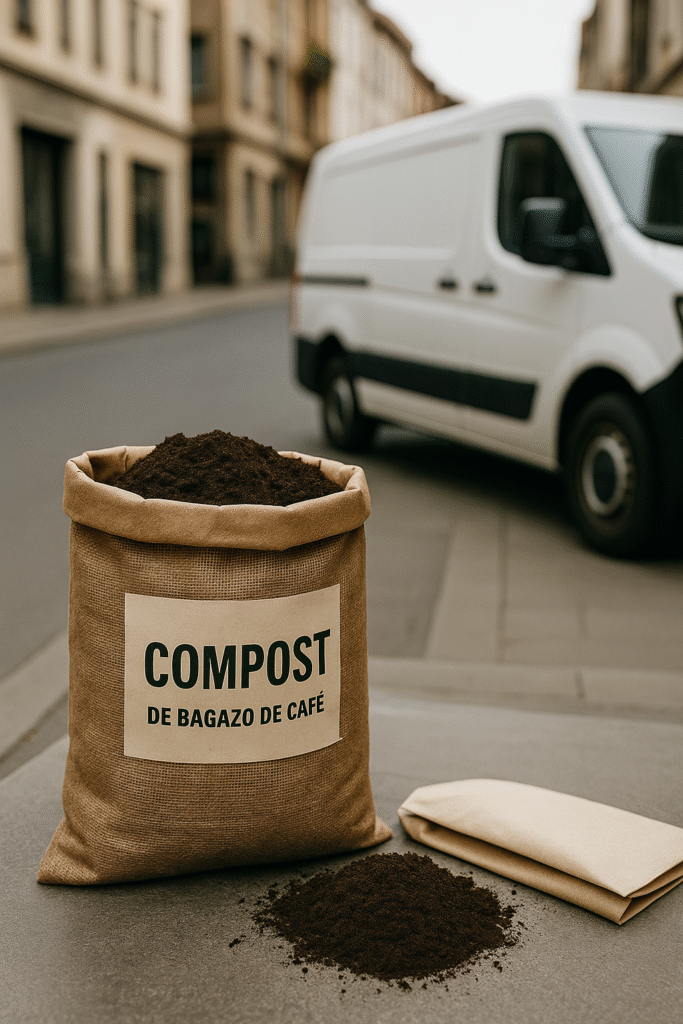 Saco de yute con compost de bagazo de café sobre la acera, junto a una furgoneta blanca en una calle urbana.