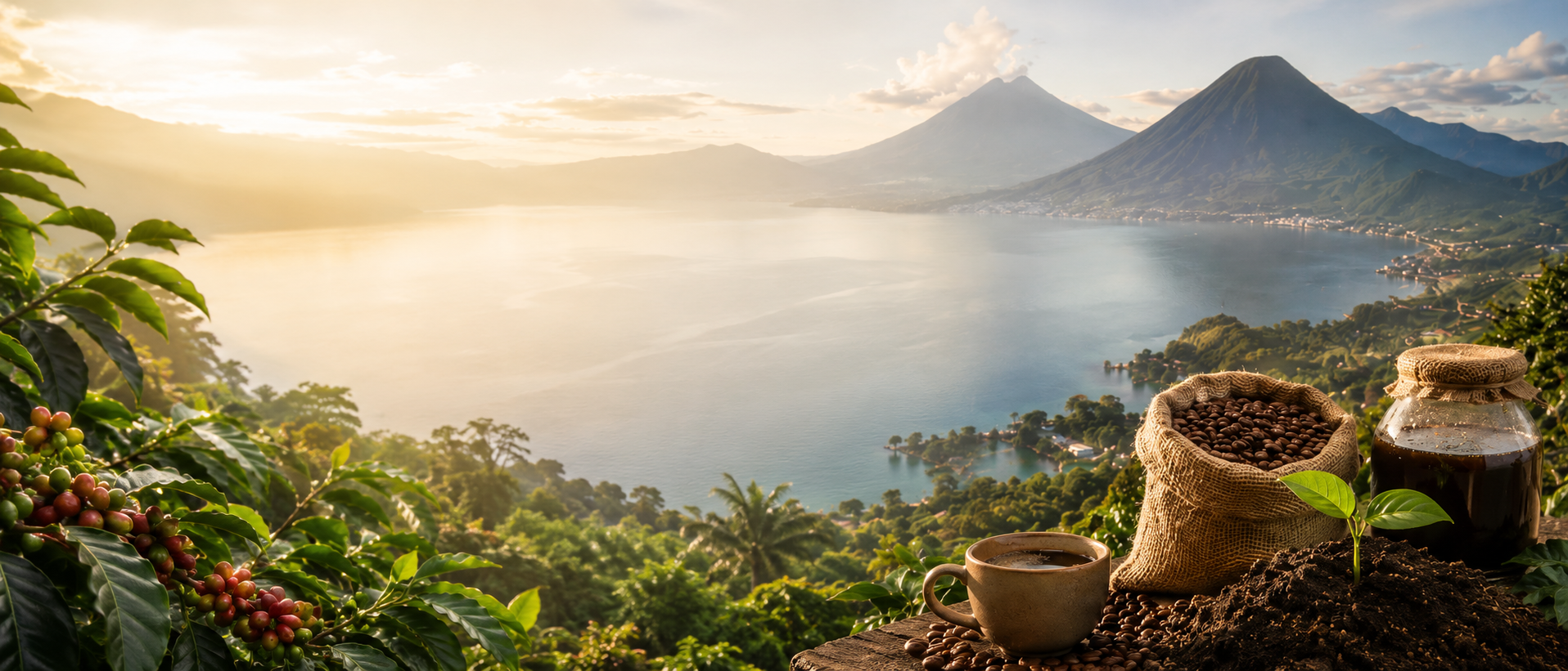 Inicio - Menùorgànica Portada de Menuorgánica con logo, paisaje del Lago de Atitlán, café y soluciones sostenibles con microorganismos eficientes.